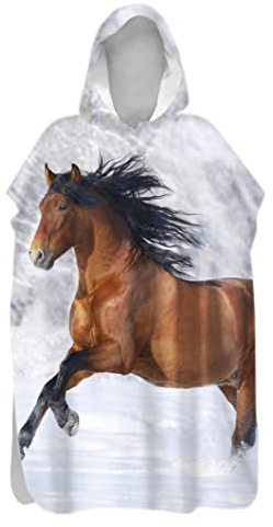 Hiseng Serviette Poncho de Surf À Capuchon Poncho de Bain Animal Imprimé Plage Serviette à Changement Adulte Ado Microfibre Peignoir Serviettes de Natation Poncho (Cheval,75x145cm)