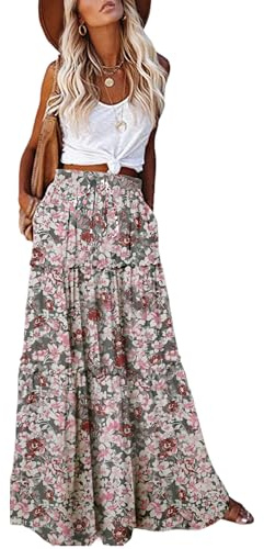 EARKOHA Trendy Lightweight Drawstring Tiered Ruffles Paisley Hippie Plus Size Bohemian Long Maxi Skirt with Deep Pockets for Office Music Festival Travel Picnic Dating Fall Outfits White Floral L