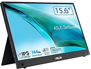 ASUS ZenScreen MB16AHG - 15,6 Zoll tragbarer USB Monitor - Full HD 1920x1080, Typ-C, Mini HDMI, Autorotation, Kickstand, Stativ Sockel - IPS Panel, 144Hz, FreeSync Premium, 16:9, entspiegelt