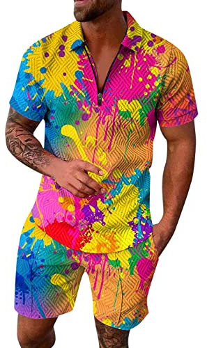 70er Jahre Outfit Herren Kurze Hose Set Herren Frühling/Sommer Freizeit Sport Hawaii Beach Style Stitching Stripe Print Kurzarm Hemdhose Zweiteiliges Set leinenhemd Herren (Z-230781-1-Yellow, XL)