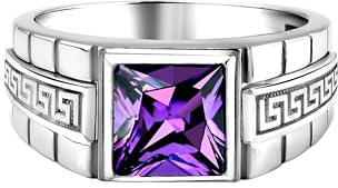 BySilverStone - Gravierter Mäander-Herren-Amethyst-Ring Aus Sterlingsilber, Männlicher Versprechensring Mit Quadratischem Amethyst, Lila Stein-Modering Für Männer
