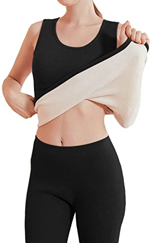 Ladies Thermal Sleeveless Camisole Vest Lace Underwear Womens Fleece Lined Warm Crew Neck T Shirt Fleece Pullover Jumper Tops Basic Warm Thermals Tank Baselayer Top Winter Warm Undershirt (Black, L)