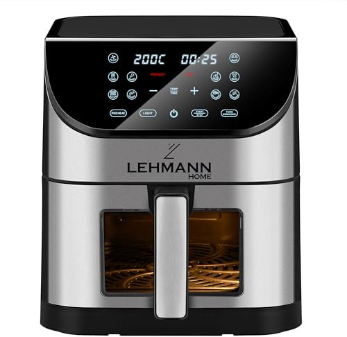 LEHMANN Heißluftfritteuse mit 8L Korb, 1800 W, Air Fryer mit 12 Programmen, Sichtfenster, Beleuchtung, max 200° C, Timer, Touch-Display, Antihaftbeschichtet, Spülmaschinenfester, 80% weniger Fett