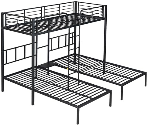 Azkoeesy Etagenbett mit 3 Schlafplätzen, 90x200 cm, Hochbett mit Leiter und Fallschutz, Dreier-Stockbett für Kinder und Erwachsene, Metallgestell (Schwarz)
