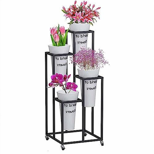 MYVVKIA Blumenständer für draußen – Pflanzenständer für draußen, Blumenständer mit Rädern, Pflanzenständer für den Boden, mit 4 runden Blumeneimern, Dekoration für Zuhause, Büro