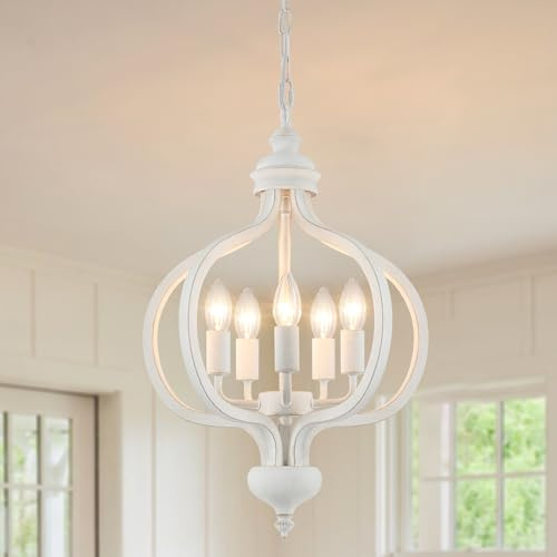 WTUOING Vintage Kronleuchter Weiß 5 Flammig Modern Kronleuchter Weiss Pendelleuchte Landhausstil Shabby Hängelampe Rustikale Deckenlampe für Wohnzimmer, Schlafzimmer, Esszimmer, Flur