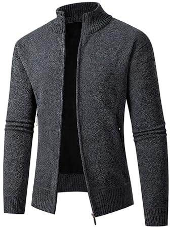 Trachten Herren Jacke, Cardigan Herren Lang, Strickmantel Full Zip Trachtenjanker Gestrickt Dickere Fleecejacke Rollkragen Warme Freizeit-Jacke Einfarbig Trachten Sweaters Regular Fit Freizeit
