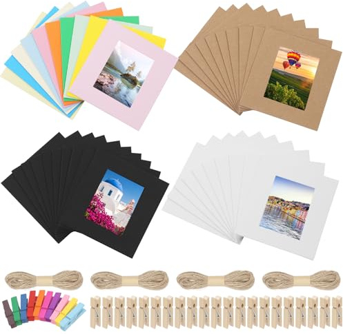 Swpeet Set di 64 cornici colorate in carta da 7,6 cm, da appendere, cornici per foto in cartone, colorate/kaki/bianco/nero da appendere ciascuna per 10 pezzi, 20 clip, 4 corde