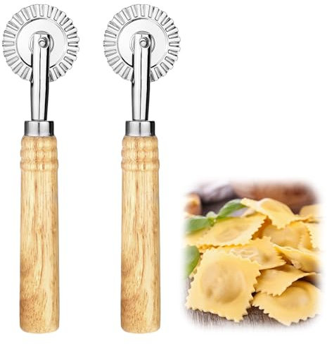 Thinp 2 Stück Teigrad Teigschneider Roller,Gewelltes Schneidrad,Pasta Cutter Wheel,Pastry Cutter Wheel,Ravioli Crimper Cutter Rad,Edelstahl Nudelschneiderrad mit Holzgriff,für Haushalt Küche-ø 3,8cm