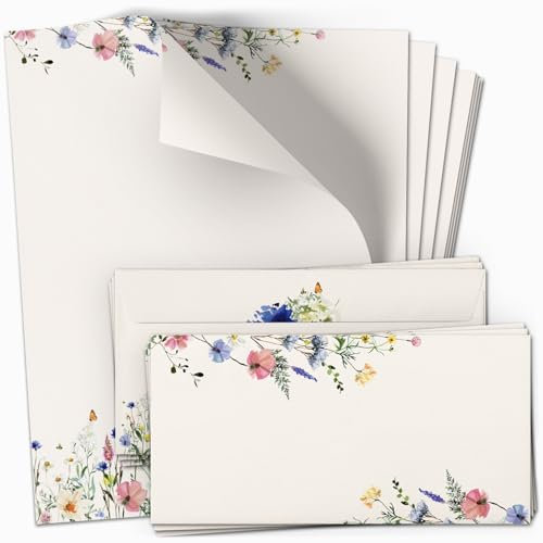 10 Briefpapier und Briefumschlag SET | Hell Beige Gelb Blumen Frühling 2 | Papier und Umschlag mit Design-Motiv bedruckt | 90 g/m²