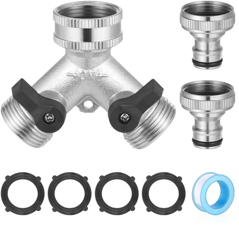 Zocipro 2 Wege Verteiler Wasser, 3/4 zoll Y Verteiler mit 4 Dichtungen 2 Wasserhahn-Anschluss und 1 Rolle Rohstreifen, Wasseranschluss Verteiler für Gartenschlauch, Wasserhahn Doppelanschluss, Silber