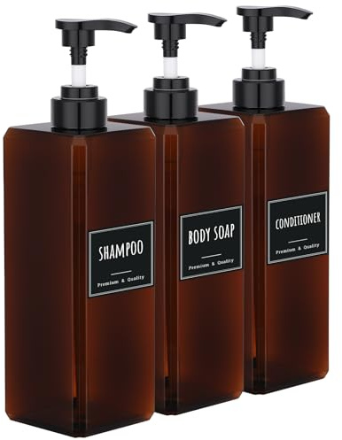 Segbeauty Seifenspender Bad, 3 Stück 1000ml Spülmittelspender, Shampoo Spender aus Kunststoff, Handseifenspender mit Etiketten, Badezimmer Seifenspender Set (Braun)