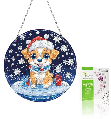 VAIIEYO Christmas Diamond Art Hanging Ornament, Dog Diamond Painting Suncatchers Window Hanging Kit with Chain, 7.5x7.5 inch Crystal Pendant Art Craft for Gift Home Wall Front Door Decoration