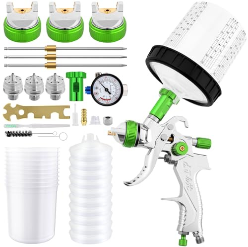 Kit di spruzzatori HVLP per vernice, Include 3 ugelli (1,4 mm, 1,7 mm, 2,0 mm), tazza in plastica da 600 ml e valvola di sicurezza per lo scarico della pressione(verde)