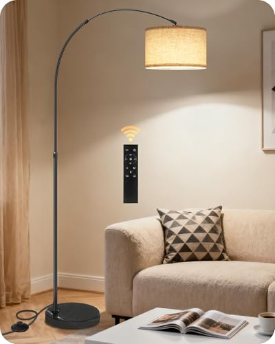 GOEBLESON Lampadaire de salon arc, lampe arquée réglable en hauteur de 158 à 188 cm, lampadaire à intensité variable avec télécommande, avec ampoule LED, beige doré, pour chambre à coucher