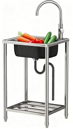 42 x 37 cm - Évier d'extérieur autonome en acier inoxydable - Évier de cuisine commercial - Lavabo mobile avec robinet d'eau chaude et froide - Pour garages, restaurants, buanderies