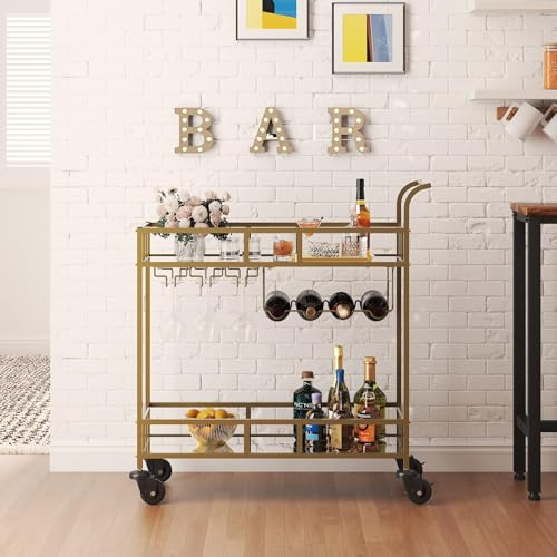 Garvee Carro De Bar Portátil De 2 Niveles con Ruedas y Estantes Espejados – Soporte para Copas y Botellas – Diseño Compacto Moderno para Sala, Cocina o Fiestas