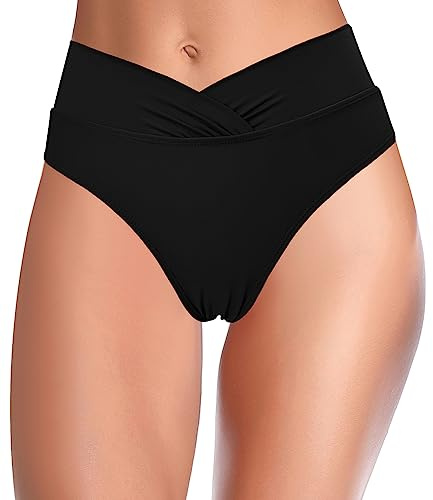 SHEKINI Donna Fondo Bikini Classico Costumi da Bagno Briefs Nero Nuoto Slip A Vita Alta Ruched Tronchi Retro Tankini Pantaloncini Bikini Donna da Spiaggia (M,Nero B)