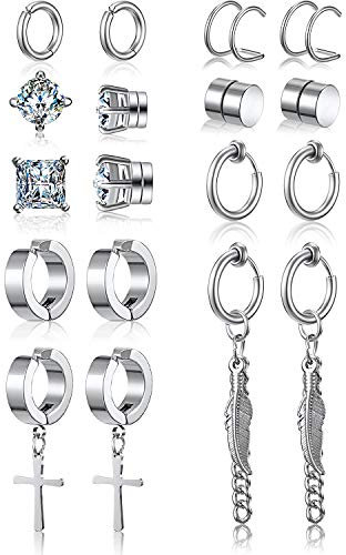 9 Paare Nicht Durchbohrte Magnet Ohrstecker Edelstahl Feder Baumeln Ohrringe CZ Magnet Ohrring Klappbare Kreuz Creolen Set, Silber