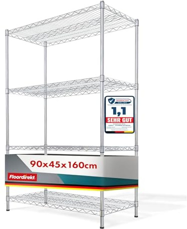 Floordirekt Küchenregal, Gitterregal, Metallregal Tragkraft ca. 70kg je Boden Multifunktionales Aufbewahrungsregal, Badezimmerregal, Lagerregal, Kellerregal Chrom (90x45x160cm | 4 Böden) Everest