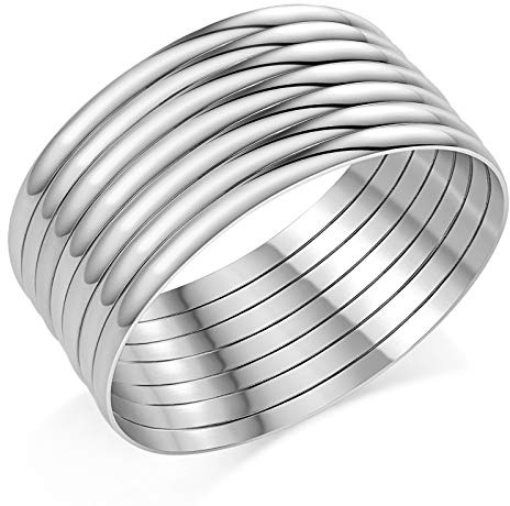 Castillna Glossy Stainless Steel Bangle Bracelets Set for Women, Silver, Set of 7 Pieces, 8.4 inches
