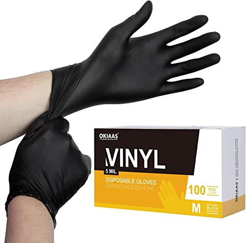 OKIAAS Guantes desechables negros M | Guantes de vinilo sin látex para el hogar, manipulación de alimentos, trabajos de laboratorios y más | Grandes, 100 unidades/caja