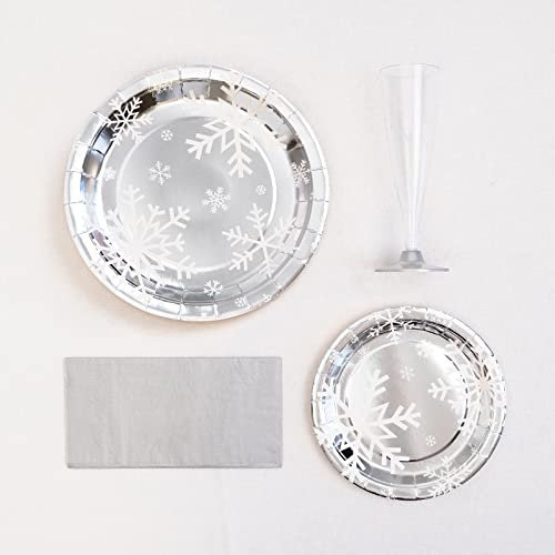 MAXI PRODUCTS - Kit 12 Personas - Decoración Navidad Plata - Pack 60 uds - Diseño Copo Nieve Plata - Temática Navideña - Vajillas Completas Navidad - Diseño Único