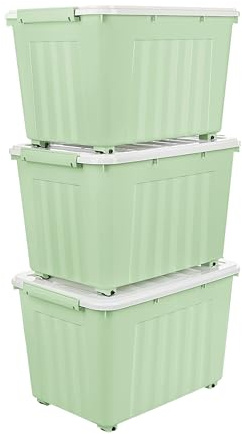Cetomo 55L*3 Boîtes de Rangement avec Couvercles, Boîte de Rangement en Plastique avec Clips et Roulettes, Empilables, Encastrables, pour Placard de Bureau à Domicile, Vert, 55L, Lot de 3