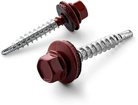 STRÜBER Trapezblechschrauben 4,8 x 20 mm, 250 Stück, RAL 3011 Braunrot | Selbstbohrende Bohrschrauben, Selbstschneidend, Mit EPDM Unterlegscheiben, Sechskant Metalldachschrauben
