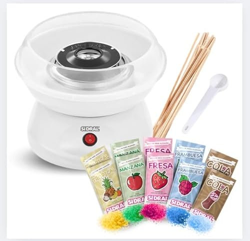 SIDRAL – Máquina para Algodón de Azúcar + 10 Palos + 10 Monodosis Azúcar y Cuchara Medidora de Azúcar, Fácil Uso para Adultos, Maquina Algodón de Azúcar (BLANCA)