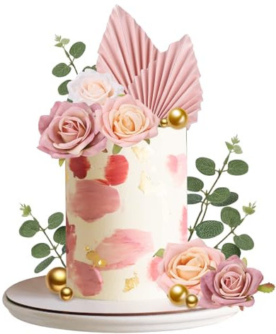 Pinenuts 22 Pcs Cake Toppers Decorations, Gold Balloon Cake Toppers, Paper Palm Fan Cake Toppers Artificial Rose Flowers Leaves Cake Decorations for DIY Birthday Party Wedding Valentine's Day (Pink)