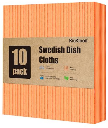 kickleen 10 Pack Swedish DishCloths for Kitchen-Reusable Paper Towels Washable- Eco Friendly Cellulose Sponge Microfiber Dish Cloths-Absorbent and No Odor (Orange)