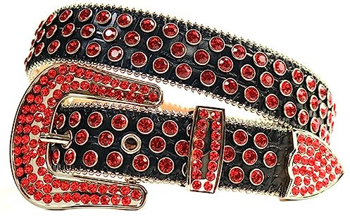 Western-Strass-Gürtel für Damen, luxuriös, Cowboy-Bling, Kristallnadel, breite Schnalle, Nietengürtel, rot / schwarz, 46(waist35-37inch)