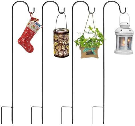4 Pack Shepherds Crook Hooks, 80cm Metal Garden Stake Plants Hooks Hangers, Adjustable, 3 Section Stitching Black Metal Garden Border Hook for Garden Lights,Flower Ball,Plant Baskets, Wind Chime