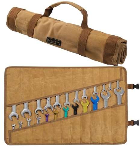 Wrench Roll Up Organizer Pouch,Heavy Duty 16oz Waxed Canvas Tool Bag, 24 Pockets Tool Roll Bag with Buckle Khaki | (L) 21.5 X (W) 16.5