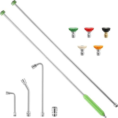 69cm Pressure Washer Telescoping Wand with Power Washer Extension Wands, Brush Head, Gutter Cleaner, 7 Spray Nozzle Tips, 2 Hose Adapters and Support Belt (Pressure Washer Telescoping Wand Green)