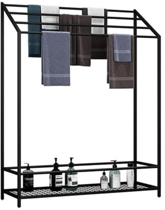 Porte Serviette Salle de Bain sur Pied 4 Barres, Support Seche Serviette Noir, Porte Serviette avec Tablette Métal Rangement Serviette Organisateur pour Cuisine Buanderie Salon Côté Piscine (Black)