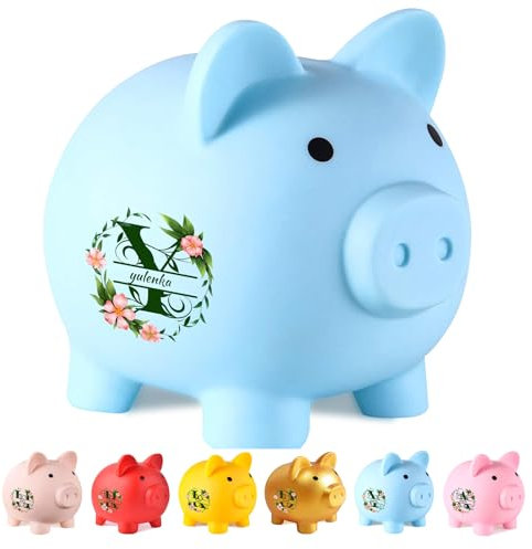 Salvadanaio personalizzato con nome per bambini, simpatico salvadanaio a forma di maiale, salvadanaio in plastica personalizzato con lettere floreali colorate, regalo infrangibile per bambini.