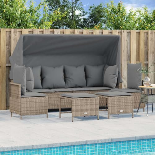IKAYAA Gartensofa mit Sonnendach Liegefunktion Rattan Sofa 3 Sitzer mit Hocker Gartenbank Rattansofa Sitzbank Balkon Rattan Bank Lounge Sofa Outdoor Lounge Klein Balkonmöbel Couch mit Dach