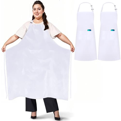 umboom 2 Pack Plus Size Apron with 3 Pockets, Adjustable Large Work Apron for Garden, Kitchen, Cooking, Grilling, Restaurant, Shop, Bistro, Bar, Café (White)