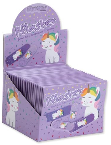 Lutz Mauder Kinder Pflaster Display Set mit 20 Pflasterbriefchen mit 2 Größen (200 Einzelpflaster), Kita, Kindergarten, Arzt, Hort, Erzieher, Geburtststag, Gastgeschenk (Einhorn)