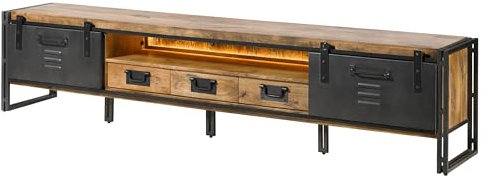MASSIVMOEBEL24.DE TV-Board Mango/Altholz 260x45x55 Natur/grau lackiert/Metall grau Blackburn LUX #554, Farbe:Natur lackiert/Metall grau, Größe:260x45x55 cm (BxTxH)
