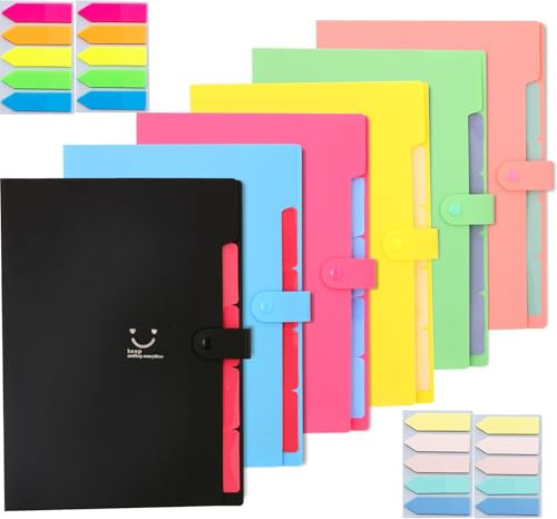 6 Stück Fächermappe A4, Dokumentenmappe A4 Fächermappe Veranstalter Datei Organizer mit Etiketten 5 Fächer Erweiterbar Tragbar Dokumentenmappe für Zuhause oder Büro Dokumente Papiere, 6 Farbe