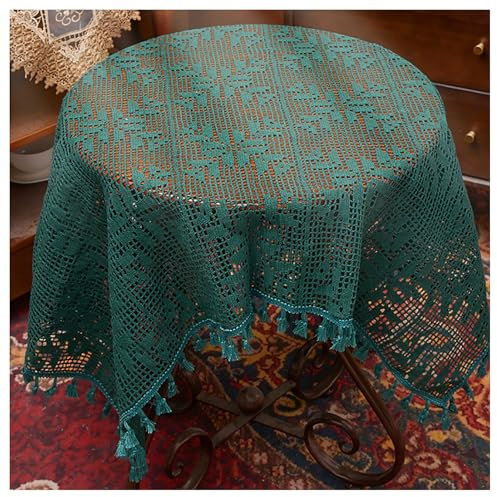 Grünes Quadratisches Tischtuch aus Baumwolle Zum Häkeln, Boho Vintage Tischwäsche mit Quasten, für Bauernküche, Abendessen, Garten(85x85cm(33x33in))