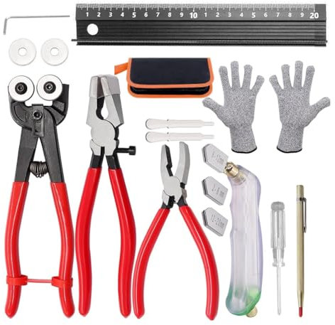 Begchy Kit Herramientas para Cortar Vidrio 16 Piezas, Alicates con Ruedas para Mosaicos 8 Pulgadas, Alicates para Cortar Vidrio 8 Pulgadas, Alicates Rompedores Grozer 6 Pulgadas, Corte