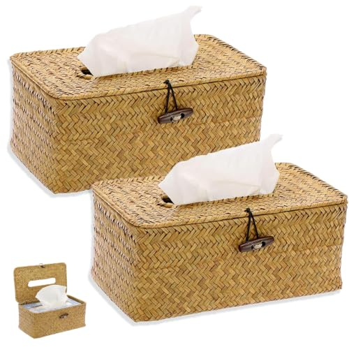 Seagrass Tissue Box, 2 Stück Kosmetiktücher Box, Taschentuchbox, Dekorativer Gewebter Papierhalter, Heimdekoration Tissue Boxen, für Bad, Küche, Büro Papierhandtuchspender, Karamellfarbe