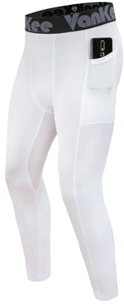 VanKee Men's Compression Trousers with Pockets Sports Running Leggings Fitness Tights Pants Quick Drying Sweat Base Layer Bottoms for Basketball Soccer Yoga Gym White