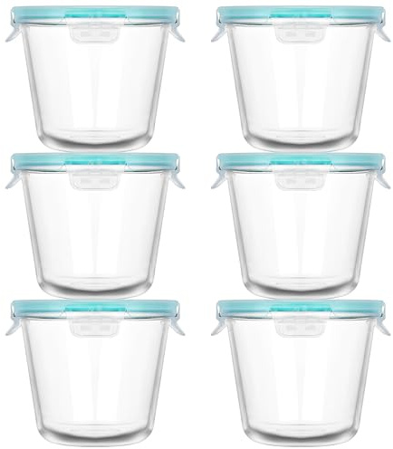 Vtopmart Paquete de 6 recipientes de vidrio para sopa de 3 tazas, juego de recipientes para congelador con tapas herméticas, tarro de almacenamiento de alimentos de vidrio para ensalada, fruta