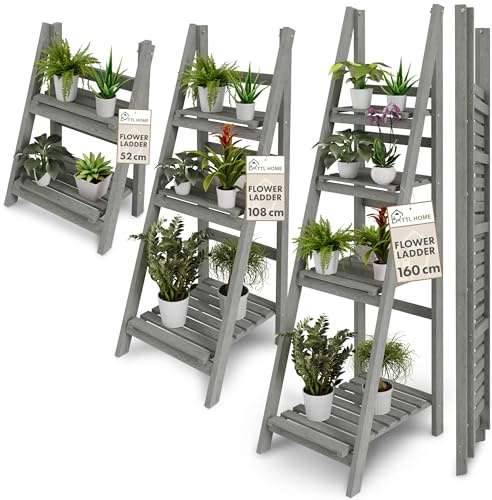 TTL HOME Blumenleiter Flower Ladder S+M+L Set grau - 3er Set 52 108 160 cm | - Leiterregal Blumentreppe Blumenregal Pflanzentreppe Kräuterregal für drinnen & draußen Balkon Terrasse Outdoor klappbar