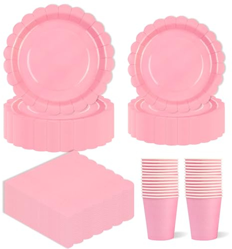 EVYIENEN Rosa Partygeschirr, 96 Stück Pappteller Set für 25 Gäste, Party Pappteller Becher Servietten Partyteller Partyset Süße Party, für Babypartys,Geburtstag,Hochzeiten,Muttertag